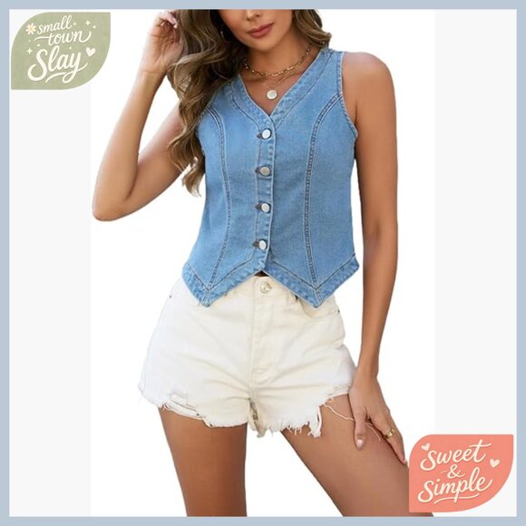Women's Denim Crop Vest Sleeveless Button Down Slim Fit Lightweight